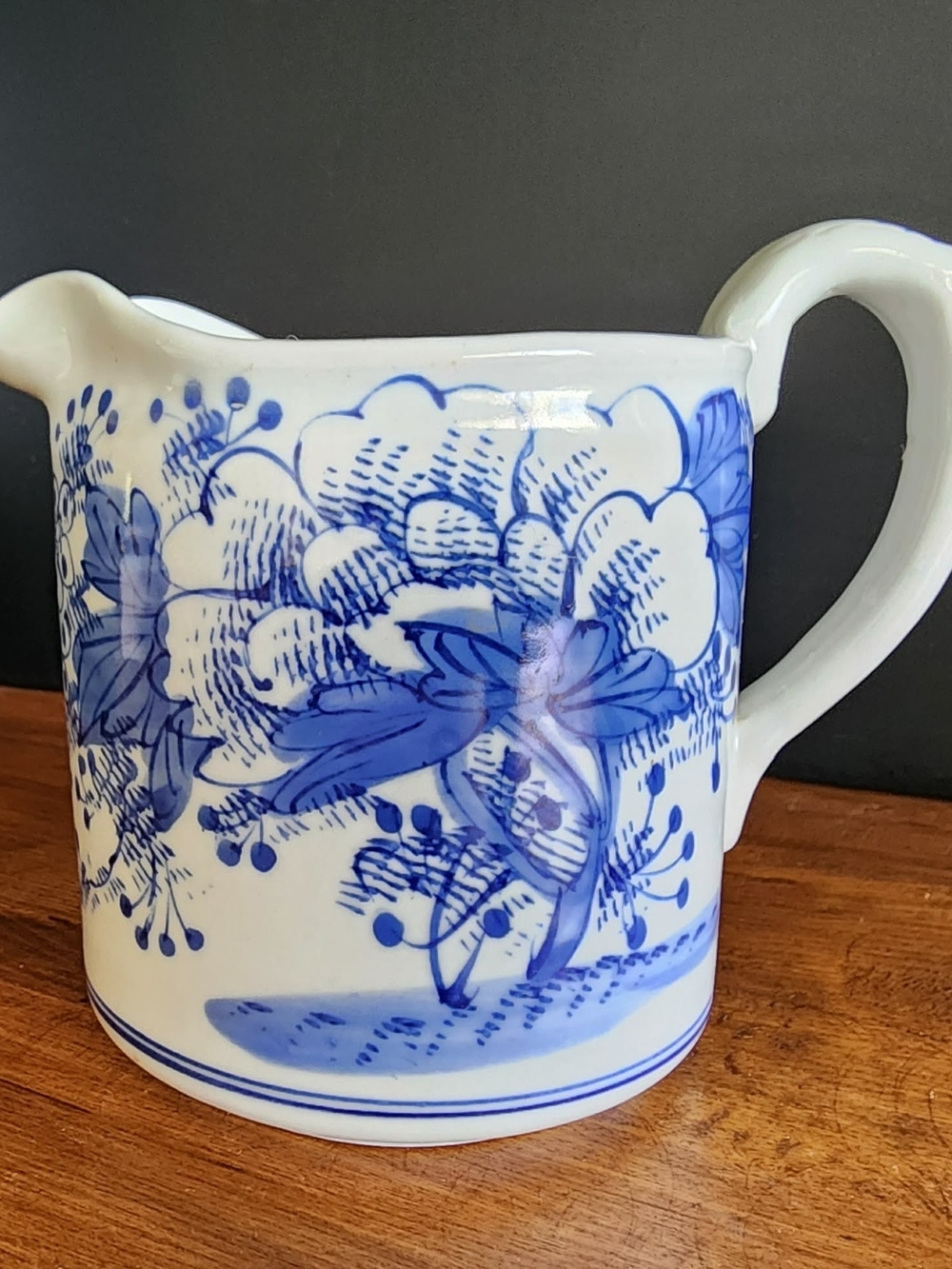 Handpainted White Clay Cream Pitcher with Blue Floral Motif